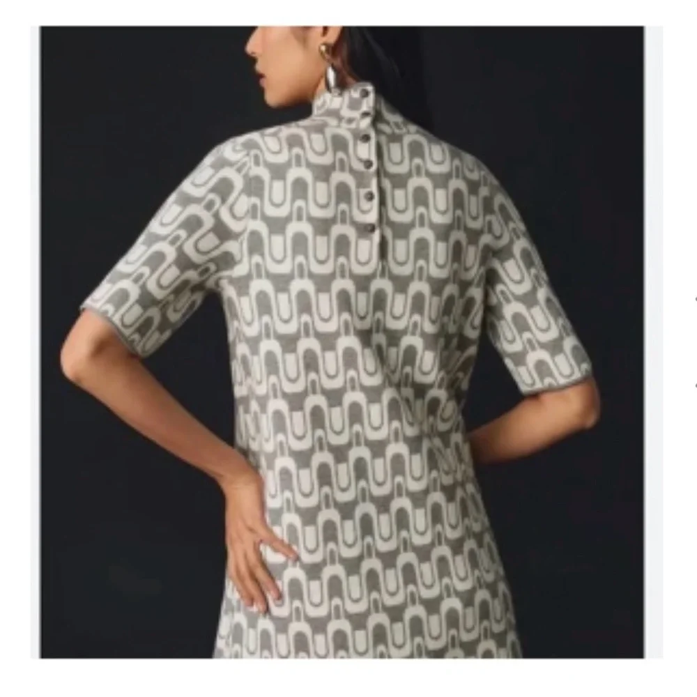 Anthropologie Grey & White Geometric High-Neck Mini Dress XL - Picture 2 of 15